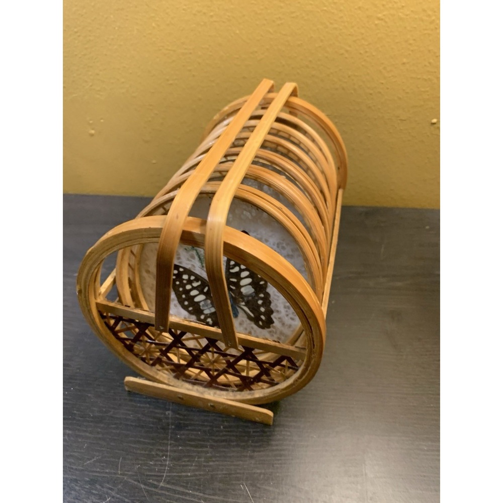 Vintage Set Of 6 Dried Butterflies Bamboo Rattan Wicker Coasters In Basket